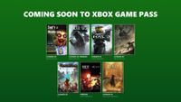 A green background displays Coming Soon to Xbox Game Pass with seven game covers including Halo, Mistfall Hunter, and Corsair Cove with subscription tiers.