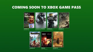 A green background displays Coming Soon to Xbox Game Pass with seven game covers including Halo, Mistfall Hunter, and Corsair Cove with subscription tiers.