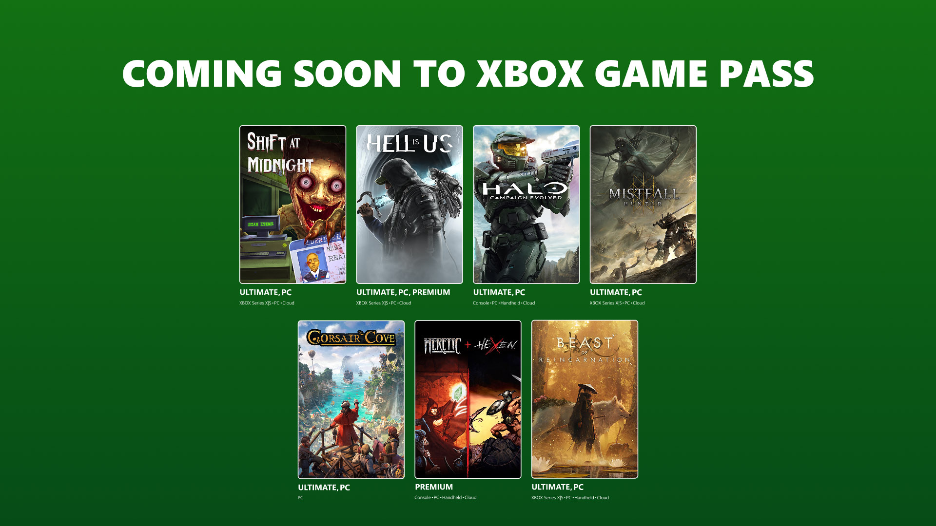 A green background displays Coming Soon to Xbox Game Pass with seven game covers including Halo, Mistfall Hunter, and Corsair Cove with subscription tiers.