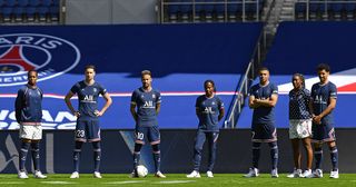 PSG stars Marie Antoinette Katoto, Julian Draxler, Neymar Jr, Formiga, Kylian Mbappe, Kadidiatou diani and Marquinhos look on as the Paris Saint-Germain unveils the new Jordan kit on May 17, 2021 in Paris, France.