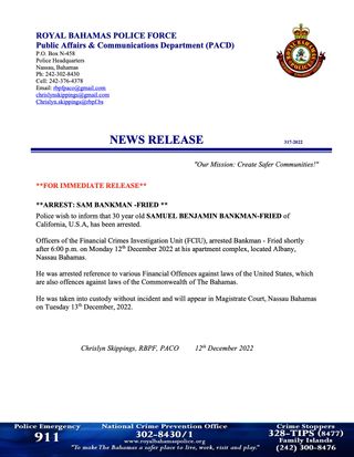 Royal Bahamas Police Force statement on Sam Bankman-Fried arrest