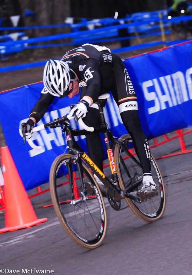 Mike Garrigan (Stage Race/Blacksmith Cycle) throwing his bike for second place.