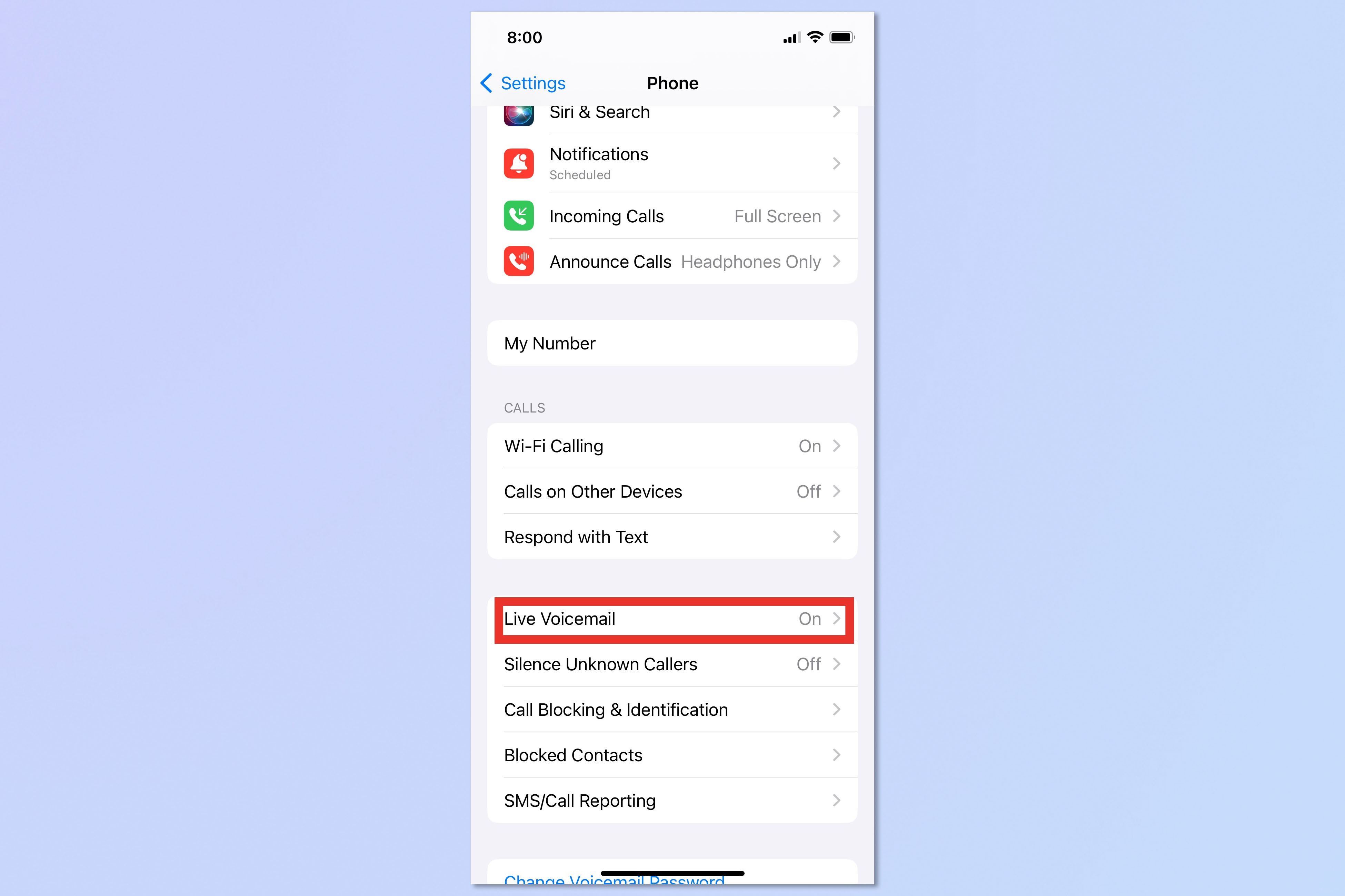 لقطة شاشة توضح كيفية استخدام البريد الصوتي المباشر على نظام iOS