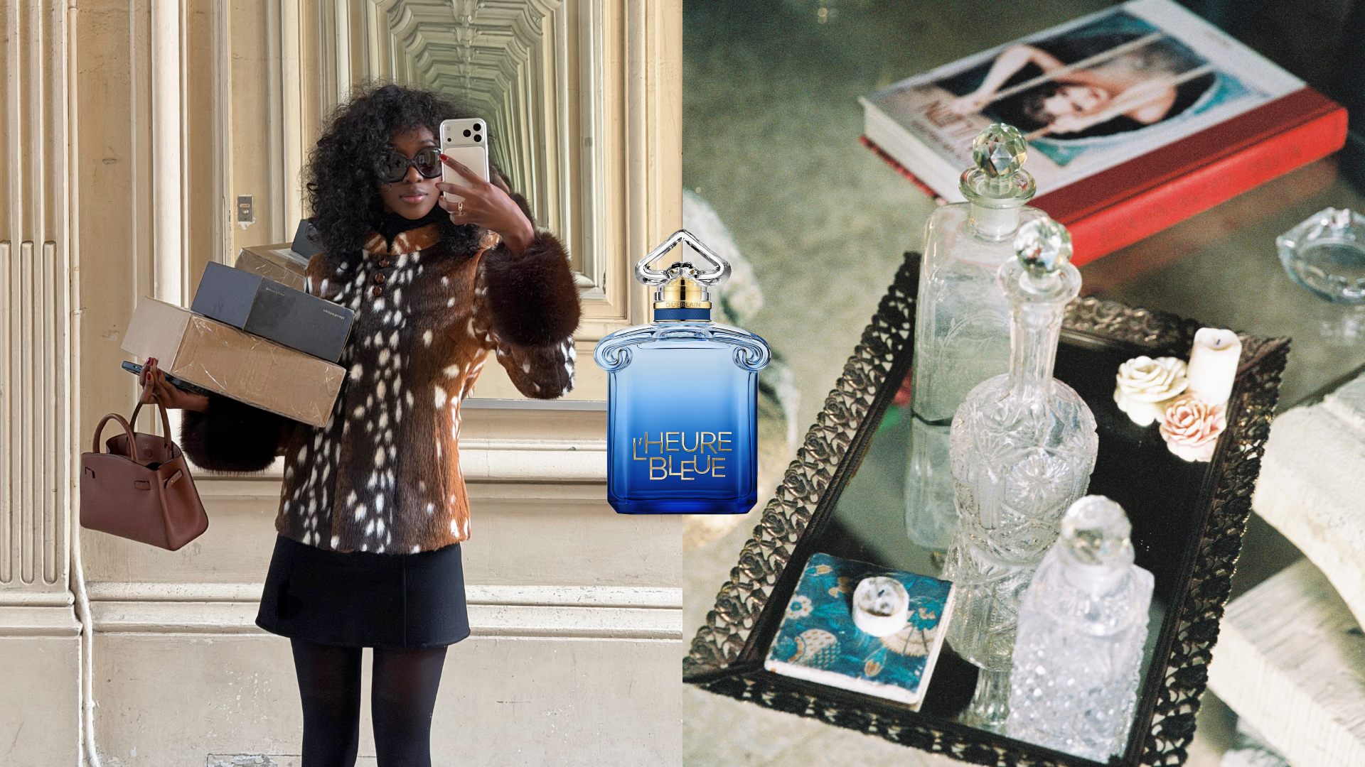 Collage of @emmanuellek_ taking a mirror selfie with packages and fragrance bottles on a coffee table. 