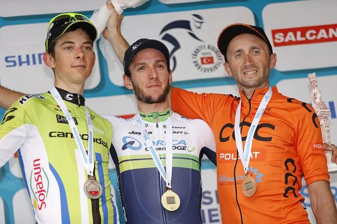 Davide Formolo, Adam Yates and Davide Rebellin on the podium