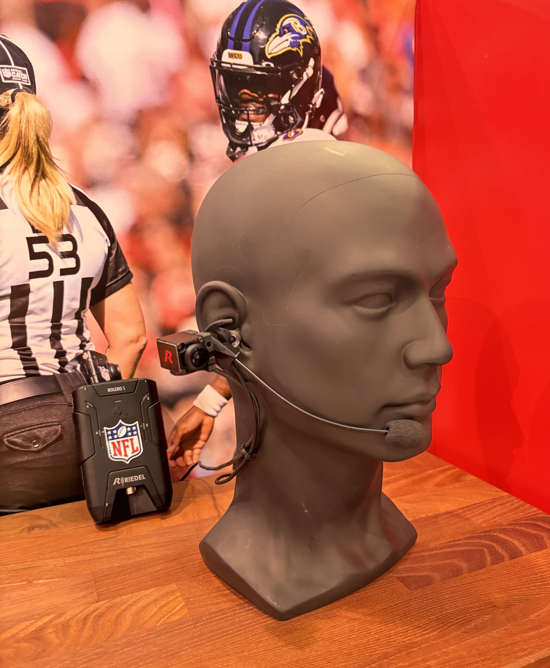A new headset and cam from Riedel Communications on a dummy's head.