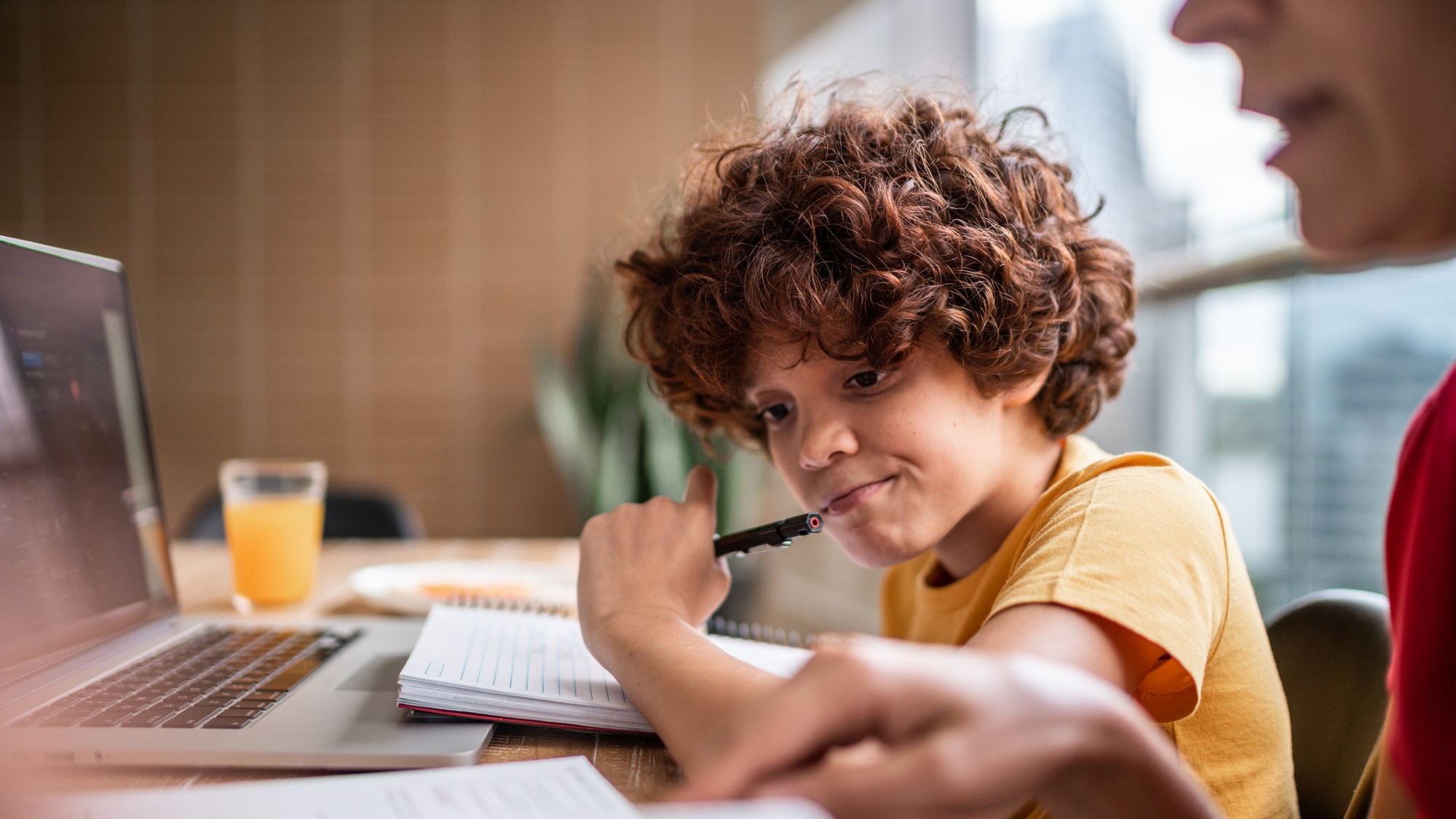 Boy being homeschooled by his mother
