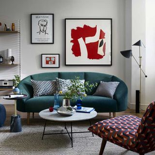 living room with gallery wall and colourful printed chair