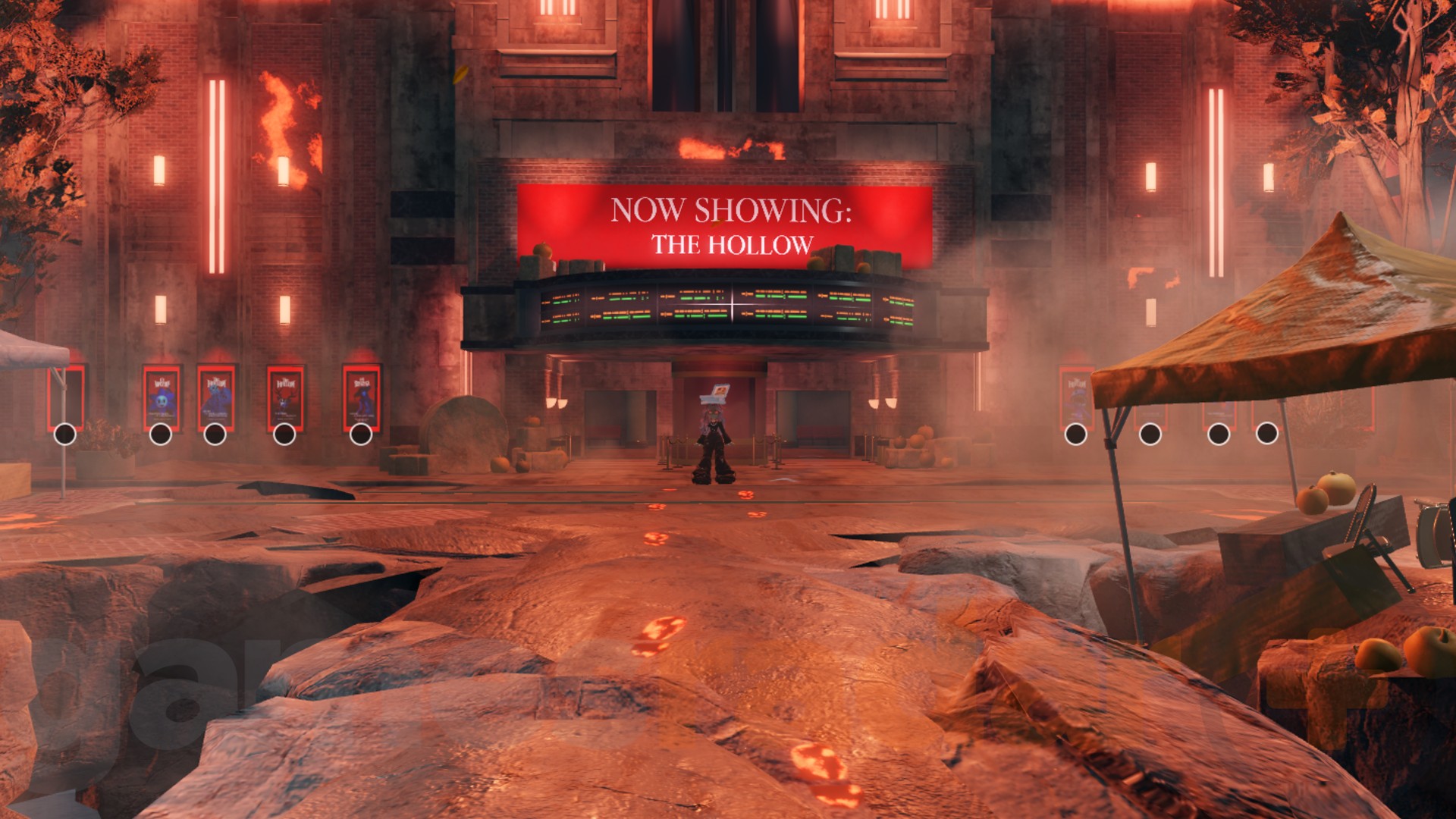 Roblox The Hollow event hub entrance The Hollow event theater entrance in Roblox with a glowing sign and Halloween decorations