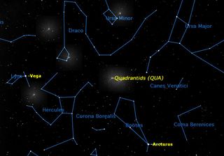 Thursday and Friday, Jan. 2 and 3, between midnight and dawn. The Quadrantid meteor shower peaks at 3 p.m. EST on January 2, during daylight. The best times to observe will be Thursday morning and Friday morning, between midnight and dawn. The meteors appear to radiate from a point between northern Bootes and the handle of the Big Dipper, once part of an obsolete constellation called Quadrans Muralis, the Wall Quadrant.