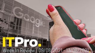 A hand holding a smartphone with Google HQ in the background