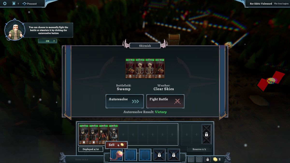 Various screenshots of the Tabletop Tavern demo, displaying mechanics and choices made in the roguelike RTS.