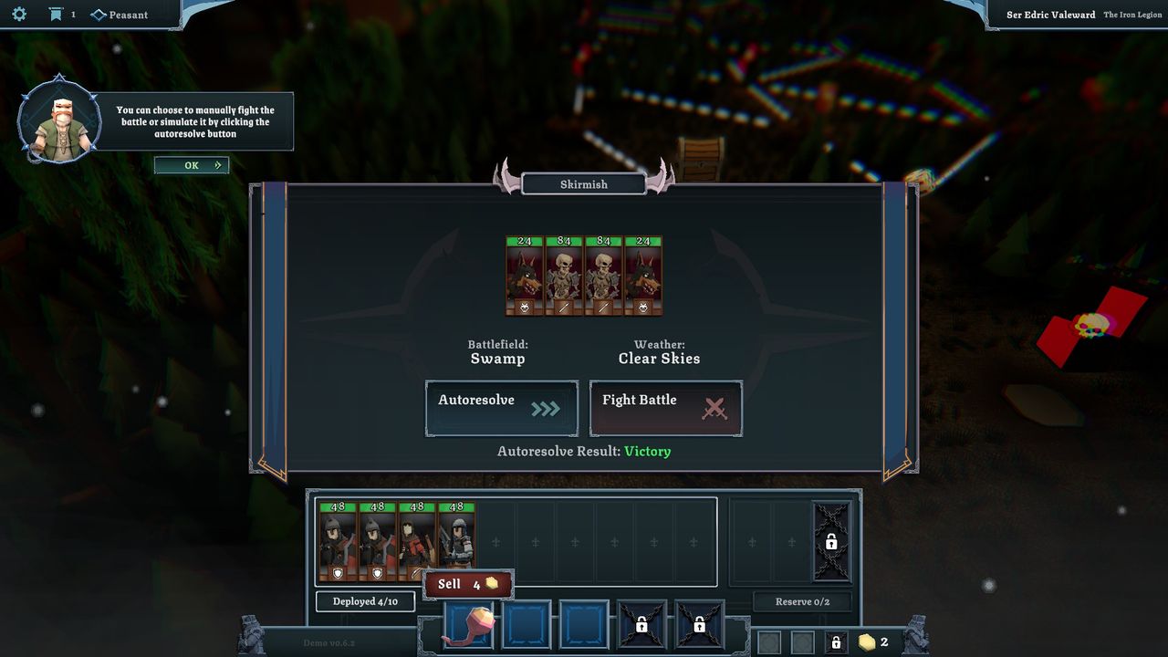 Various screenshots of the Tabletop Tavern demo, displaying mechanics and choices made in the roguelike RTS.