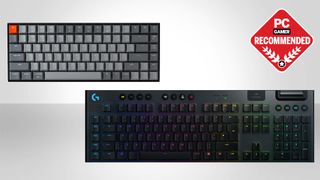 Two of the best wireless gaming keyboards side by side on grey
