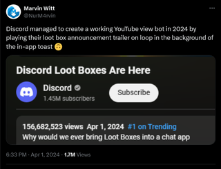 Discord managed to create a working YouTube view bot in 2024 by playing their loot box announcement trailer on loop in the background of the in-app toast 🙃