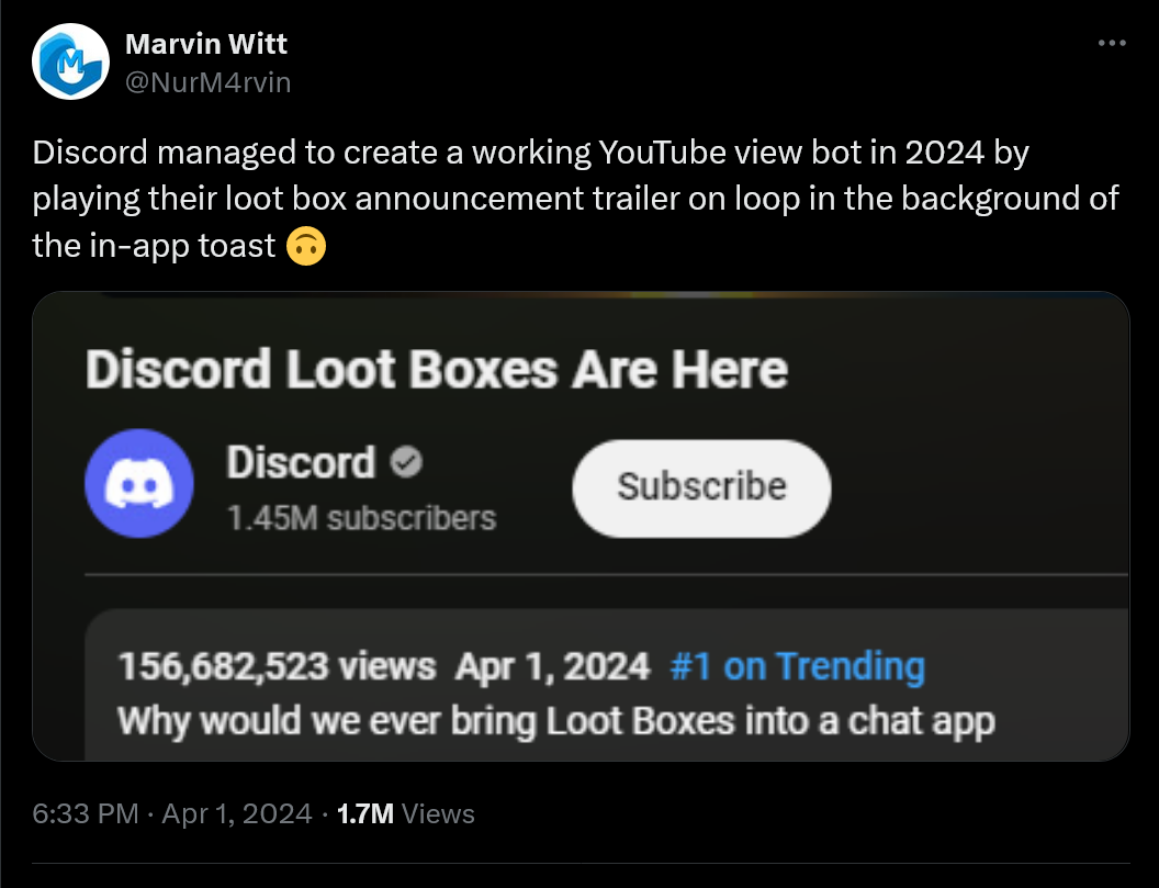 Discord managed to create a working YouTube view bot in 2024 by playing their loot box announcement trailer on loop in the background of the in-app toast ????