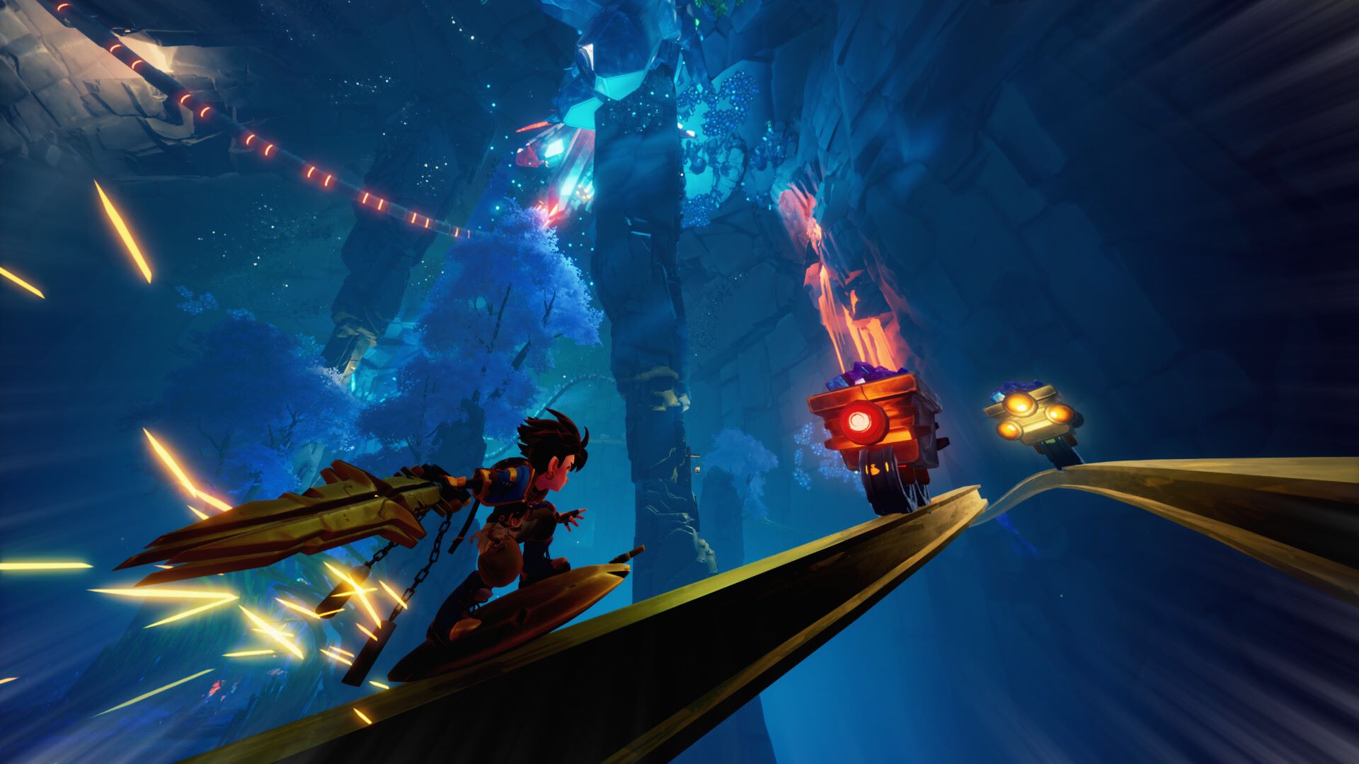 Screenshot from Duskfade, showing a boy with a massive sword grinding on a rail toward mechanical enemies in what looks like a cave.