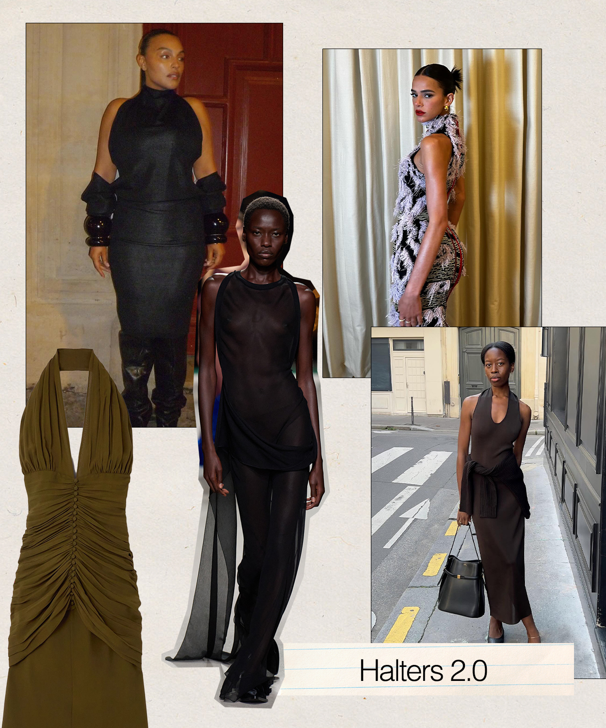 A collage of photos from the S/S 25 runways, street style, and retailers showcasing 2025 halter-dress trend with the trend name 