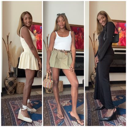 collage of Danielle Prescod wearing summer wedges