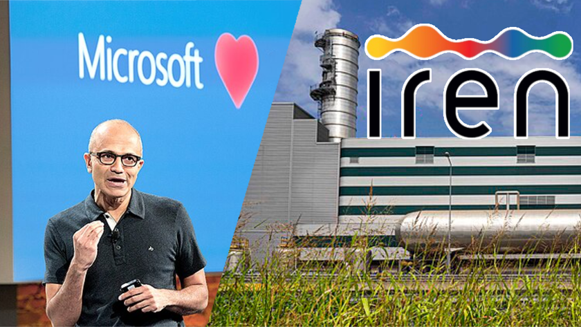 Microsoft&#039;s Satya Nadella and Iren logo