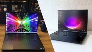 A split image showing the Razer Blade 16 on the left and the Origin EON16-X on the right