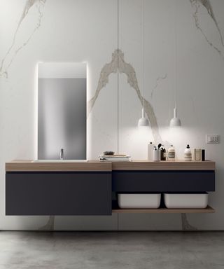 A vanity unit with LED downlights and LED mirror lights