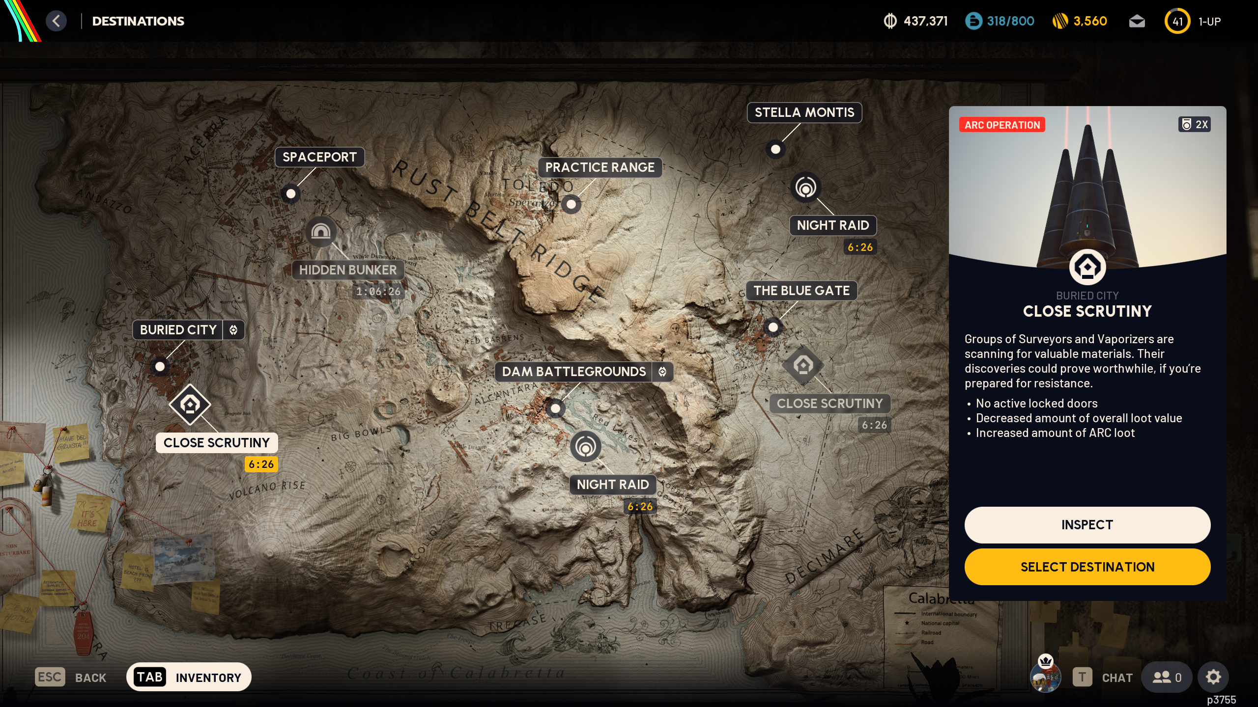 Arc Raiders Close Scrutiny: The Close Scrutiny Arc Operation map condition shown on the destination screen.