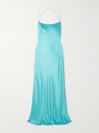 Open-Back Silk-Satin Maxi Dress in turquoise