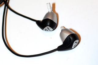 Closer look at the Shure headphones. Silicone earbuds fit on the end of the knobs.