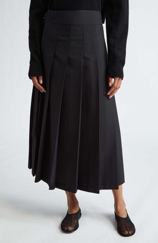 Pleated Wool Blend Wrap Skirt