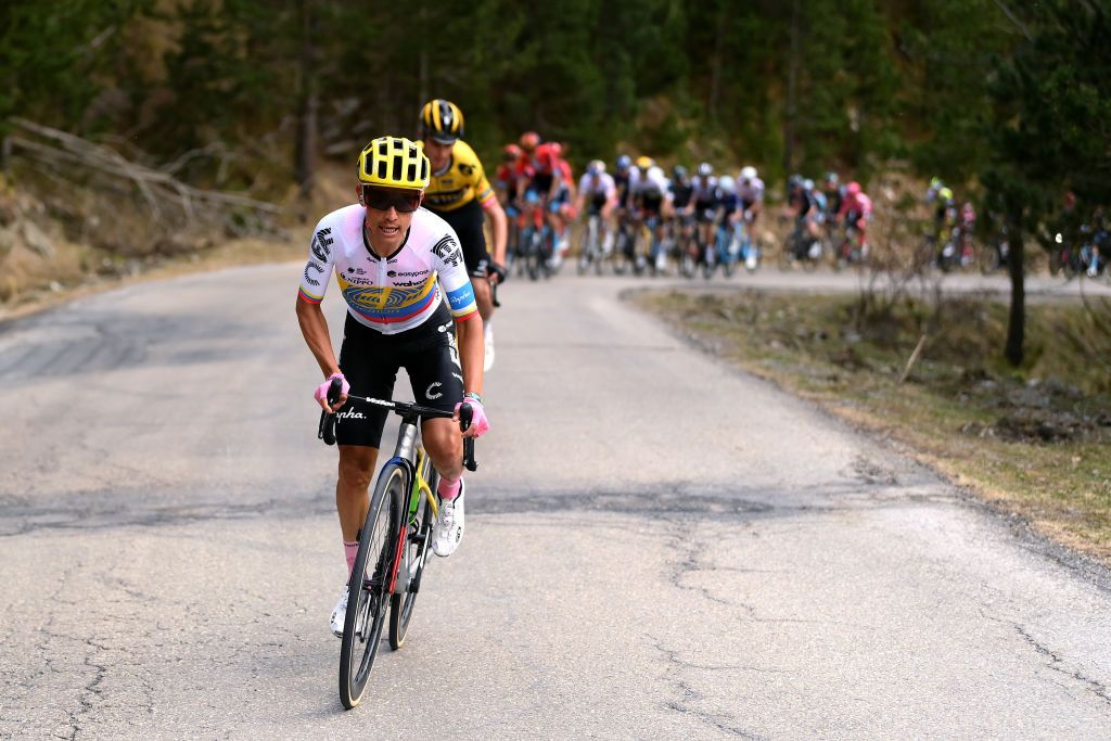 VALLTER SPAIN MARCH 21 Esteban Chaves of Colombia and Team EF EducationEasypost competes in the breakaway ahead of Sepp Kuss of The United States and Team JumboVisma during the 102nd Volta Ciclista a Catalunya 2023 Stage 2 a 1654km stage from Matar to Vallter 2135m VoltaCatalunya102 on March 21 2023 in Vallter Spain Photo by David RamosGetty Images