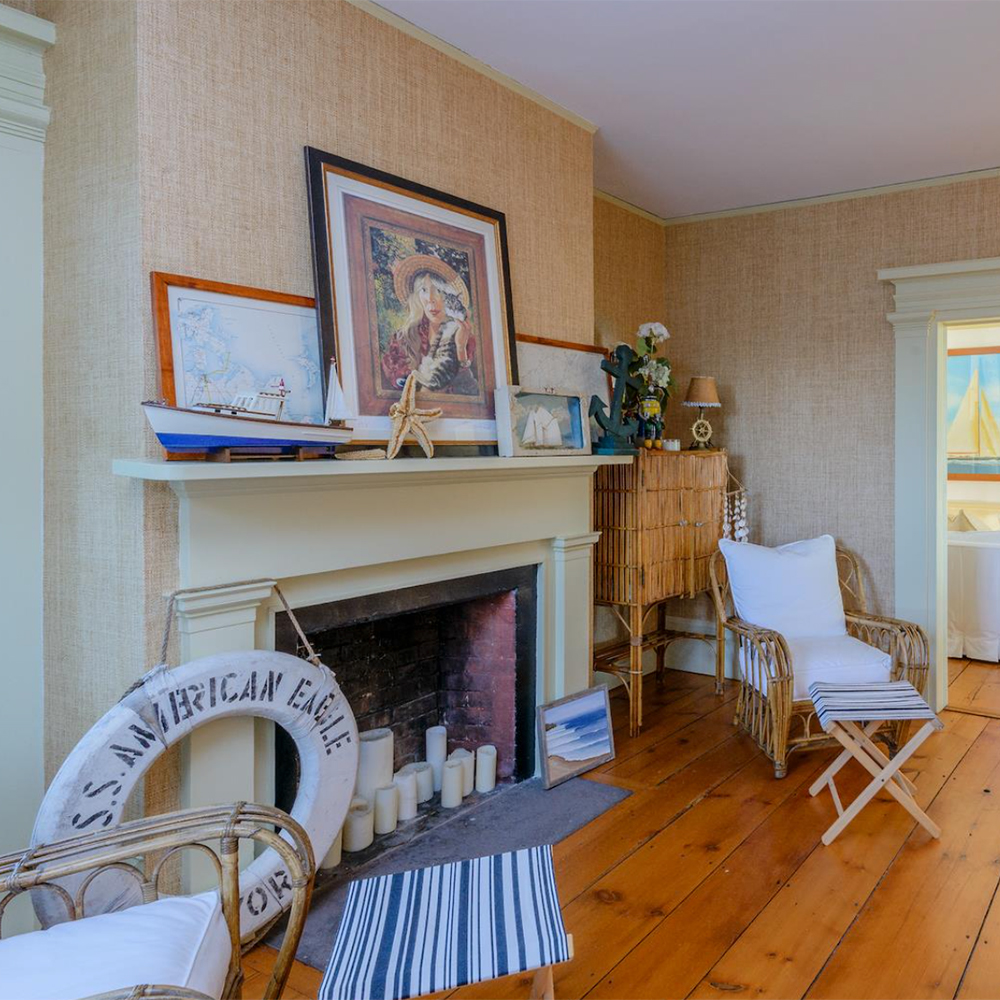living room with wooden flooring and fireplace