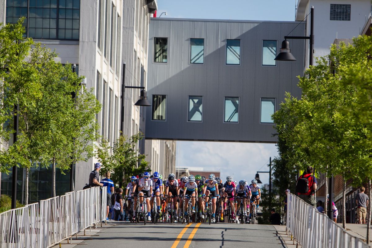 The women bunch up with the break already up the road.