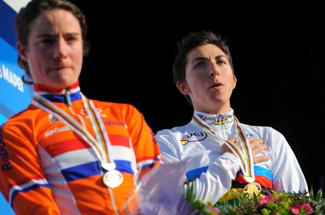 Giorgia Bronzini (Italy) on the podium as the Italian national anthem plays