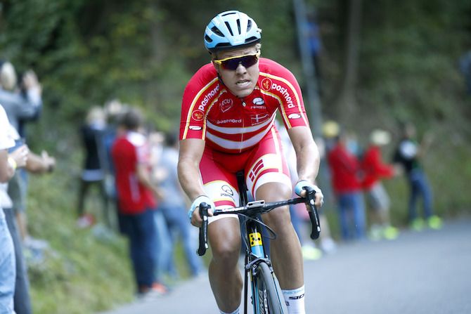 Michael Valgren on the attack for Denmark at the 2018 World Championships road race