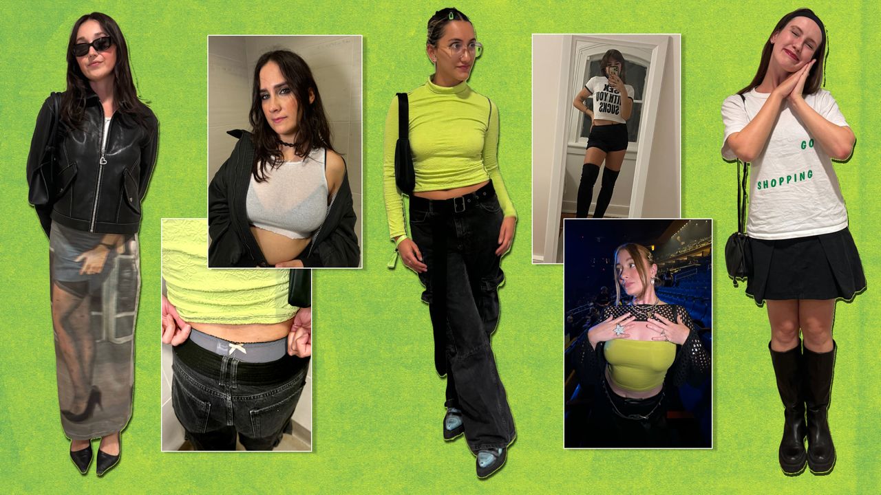 A Future graphic of Charli XCX concert outfits, featuring Emma Childs in a green skirt and leather jacket, Julia Marzovilla in a white tank top and black jacket,Kelsey Stiegman in a green top and black shrug, Lucia Tonelli in a green sweater and black cargo pants, Sadie Bell in a white tee shirt and shorts, and Halie LeSavage in a white tee shirt and black skirt.