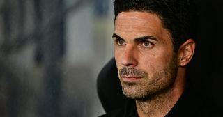 Arsenal manager Mikel Arteta in action during the Champions League match between RC Lens and Arsenal FC: at Stade Bollaert - Delelis on October 03, 2023 in Lens, France.