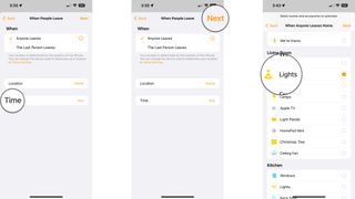 How to create a location automation in the Home app on the iPhone by showing steps: Tap Time, Tap Next, Tap an Accessory or Scene.
