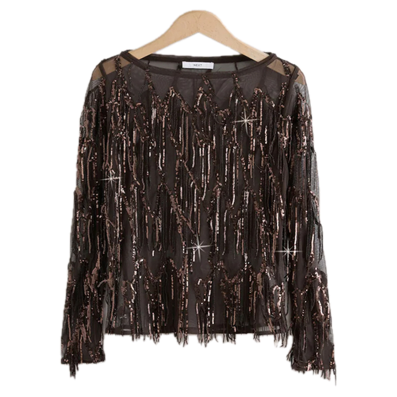 Sheer brown top with sequin tassels, Next