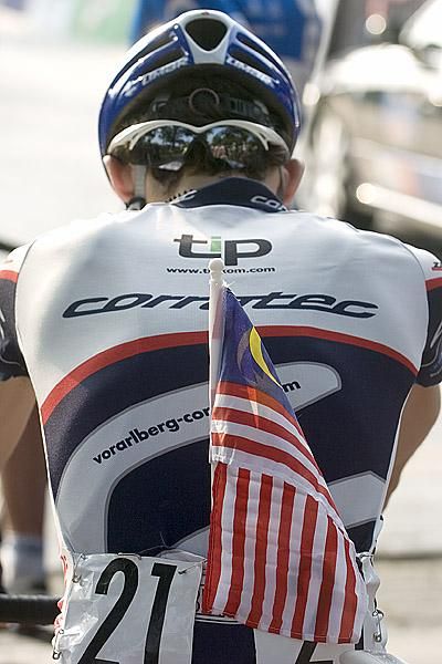 Vorarlberg-Corratec's Sebastian Seidler from Germany shows his support for Malaysia and why not after being in a break with one of their riders for 100kms the day before.