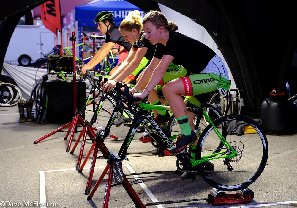 Emma White and her Cannondale teammates warm up in their tent