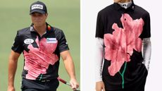 Viktor Hovland walks the fairway, with his Masters shirt featuring