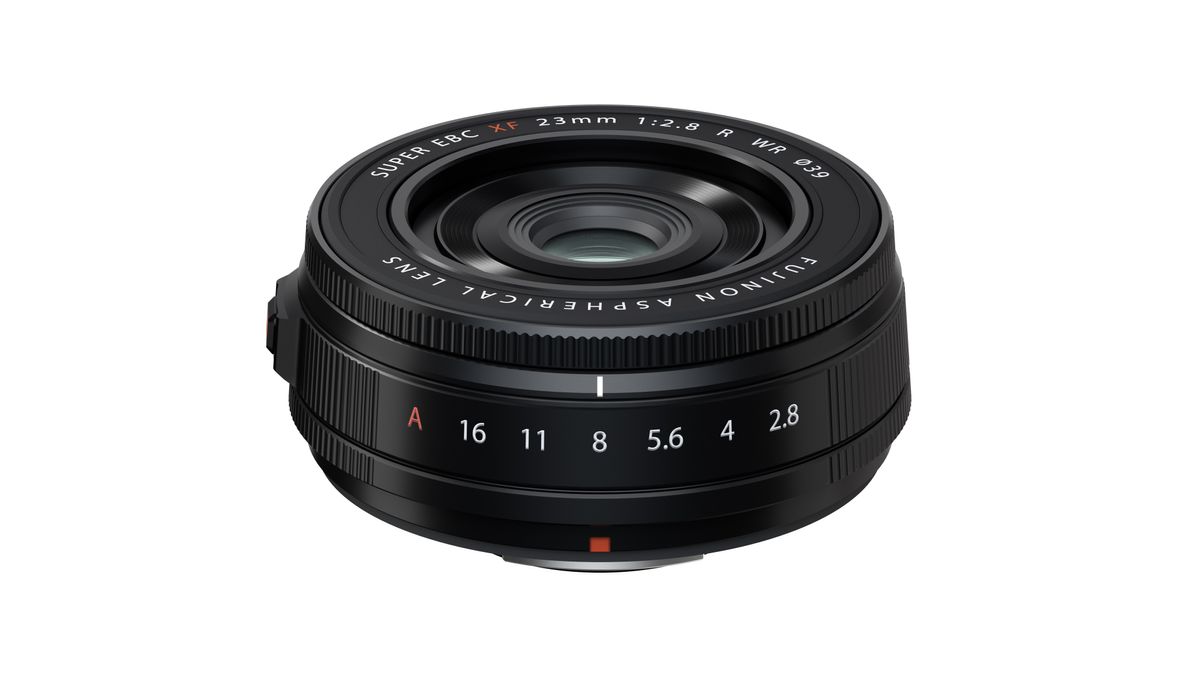 Fujifilm XF 23mm f/2.8 R WR lens on a white background