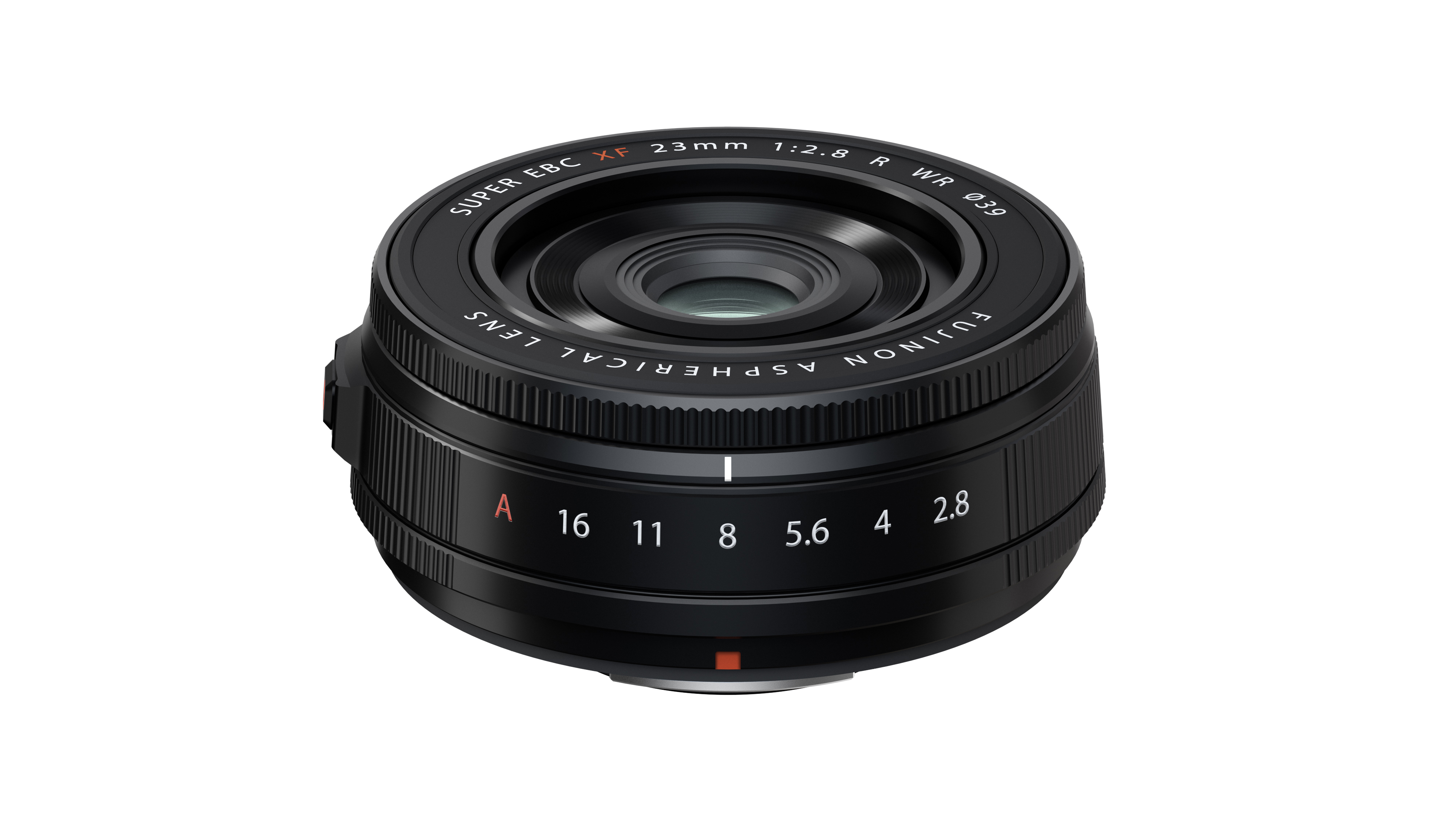 Fujifilm XF 23mm f/2.8 R WR lens on a white background