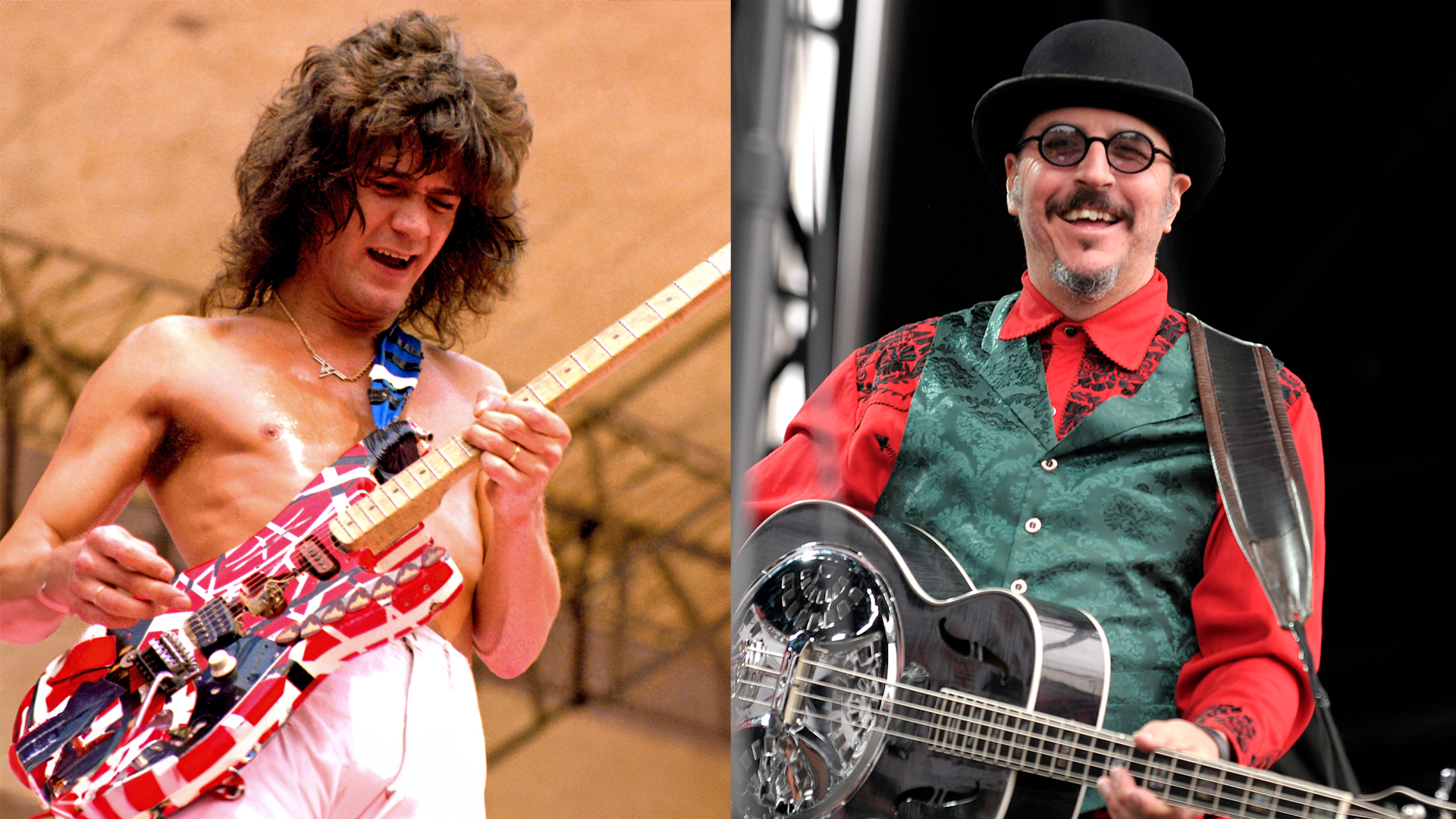 LEFT: Orlando,Florida,USA:VAN HALEN-EDDIE VAN HALEN opening for The Rolling Stones-Tangerine Bowl-Oct. 25, 1981. RIGHT: Les Claypool of Primus performs on stage at the Soundwave Music Festival on March 3rd 2011 in Melbourne, Australia. 