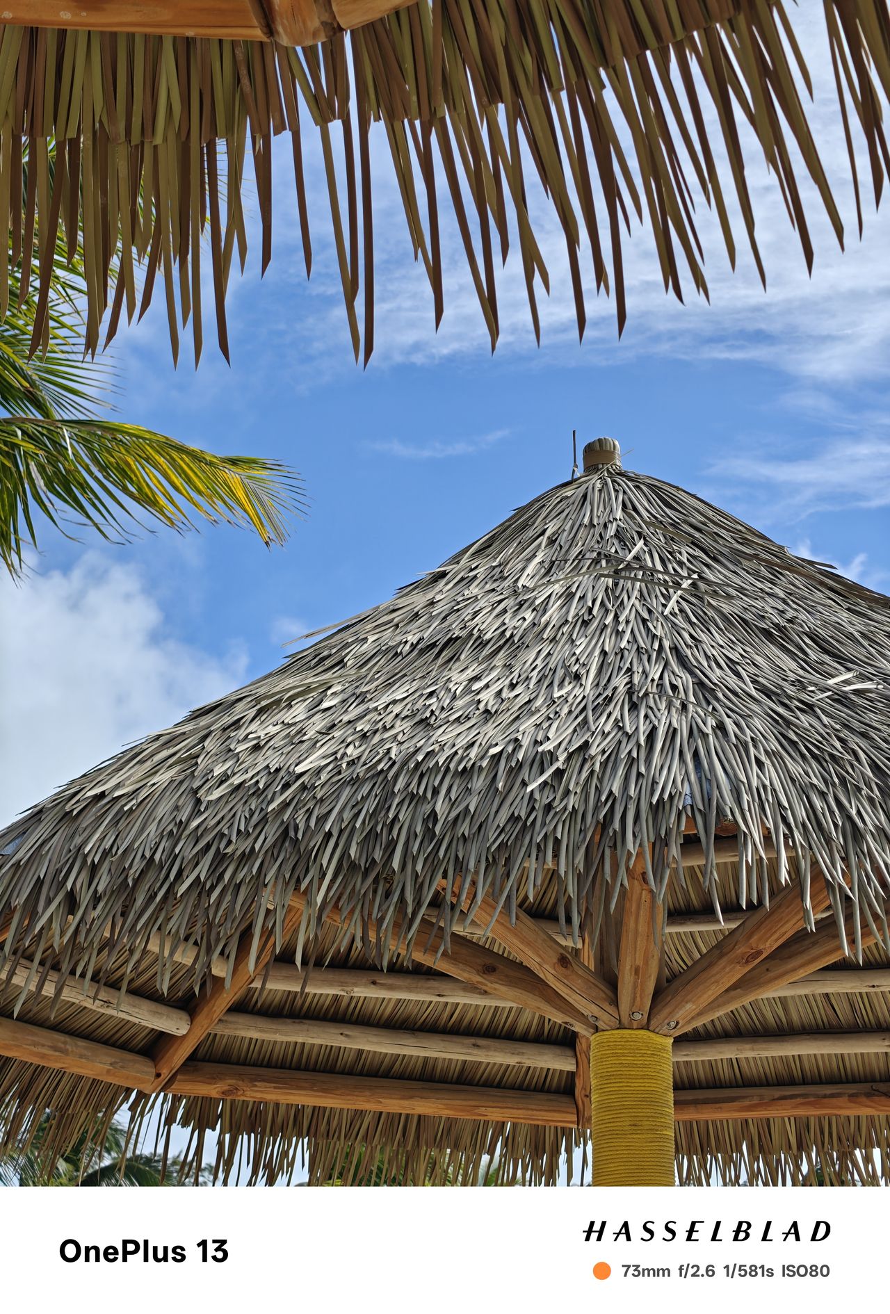 A wood and thatched beach canopy in front of a blue sky