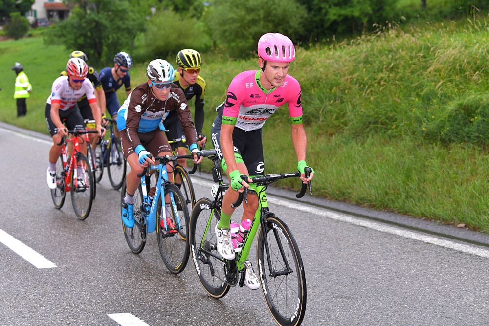 Silvan Dillier and Nans Peters (AG2R), Nathan Brown (EF-Drapac), Christopher Juul-Jensen (Mitchelton-Scott), Mark Christian (Aqua Blue Sport), Paul Ourselin (Direct Energie) formed the day's breakaway at the Tour de Suisse