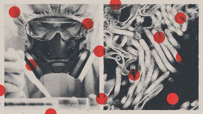 Illustration of a scientist in hazard gear testing a lab sample alongside a micrograph of ebola virus particles