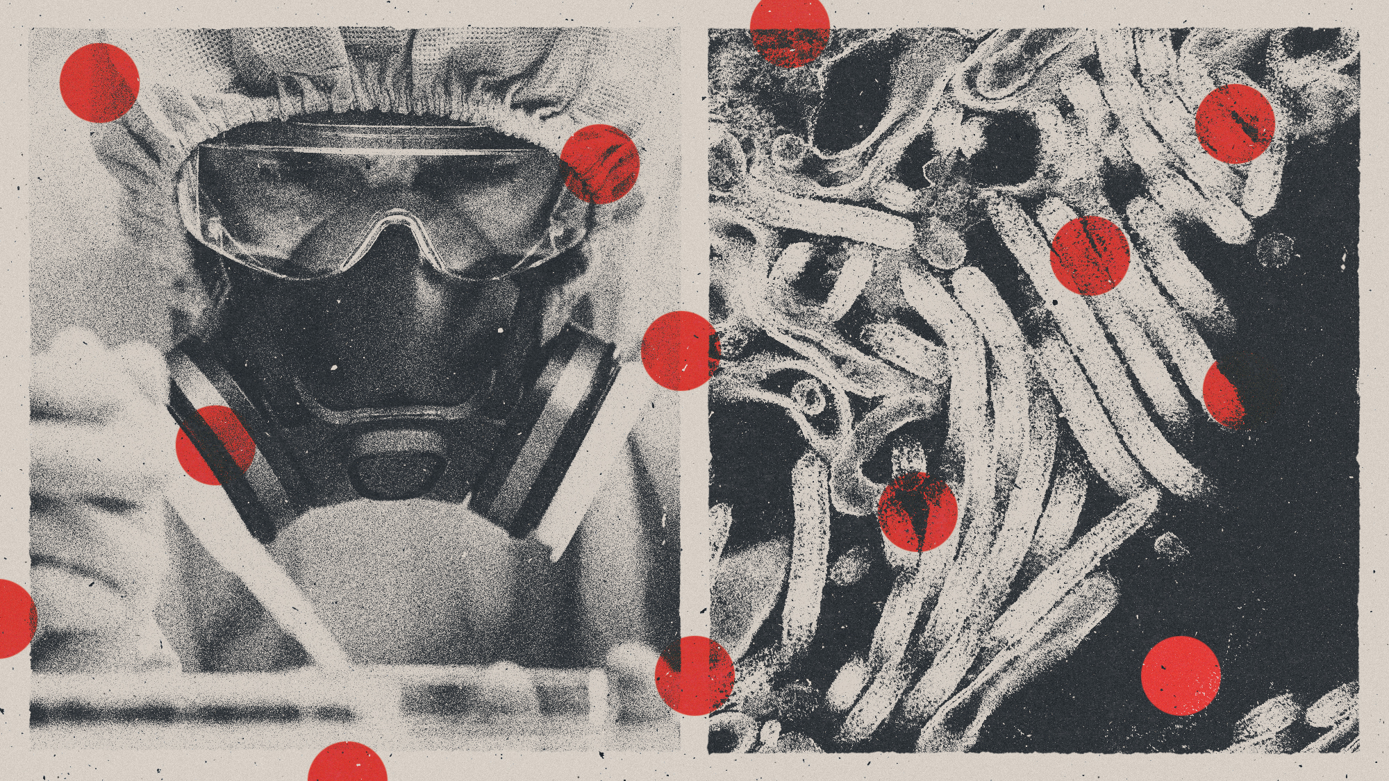 Illustration of a scientist in hazard gear testing a lab sample alongside a micrograph of ebola virus particles