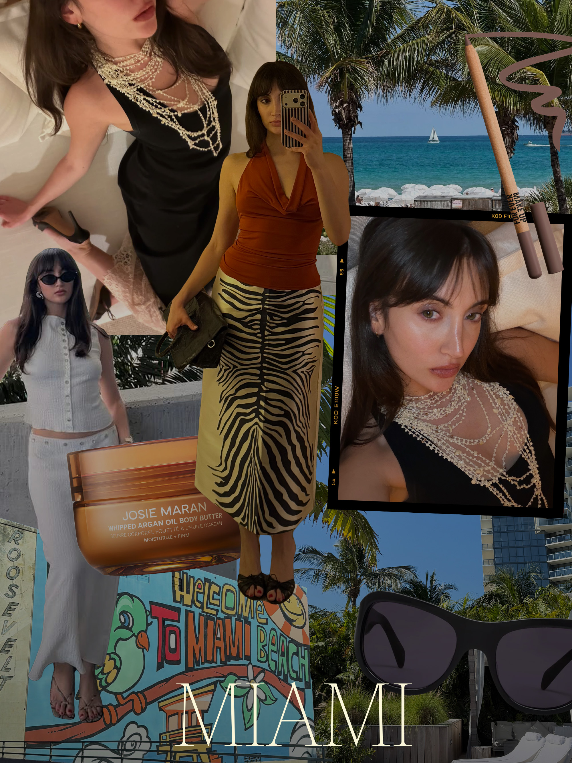 A collage of images of Alyssa Brascia in Miami, overlaid with beauty products she packed and clothing she wore on the trip.
